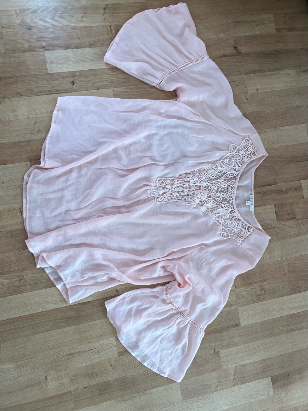 Spense Embroidered Lace Peasant Blouse 3X Soft Pink Bell Sleeve Crinkled Boho